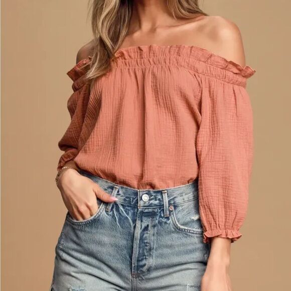 Lulus NWT Sweet One Rusty Rose Off-the-Shoulder Women Top 100% Cotton Size XL - Picture 1 of 7